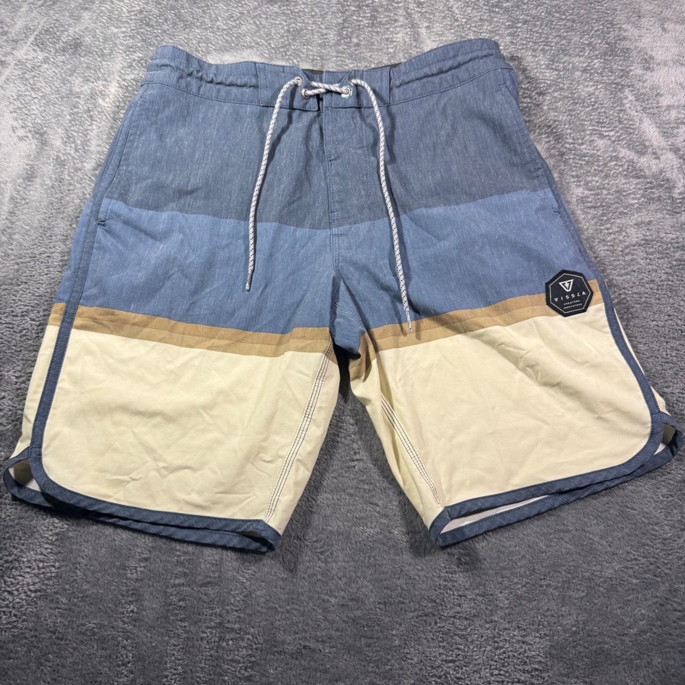 Vissla Mens Colorblock Board Shorts Blue Tan Cream Surf Trunks Size 31
